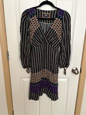 Anthropologie Black Dress with Purple, Mint & Tan Geometric Print